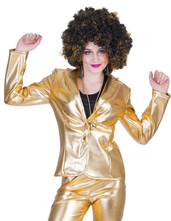 Funny Fashion - Glitter & Glamour Kostuum - Disco Fever Jack Glinsterend Goud Vrouw - Goud - Maat 36-38 - Carnavalskleding - Verkleedkleding