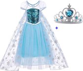 Prinsessenjurk Meisje - Elsa jurk - Verkleedjurk - maat 134/140 (140) - Tiara - Kroon - Verkleedkleren Meisje - Prinsessen Verkleedkleding - Halloween kostuum - Kinderen - Blauw -