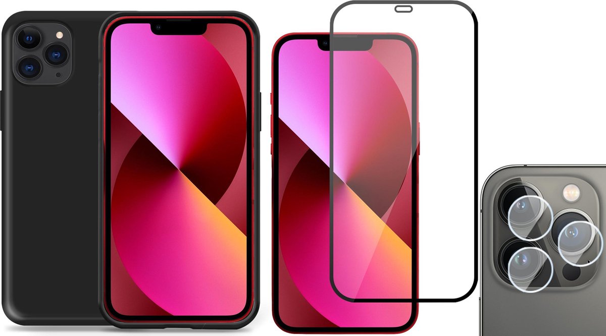 TechNow Shock Proof Backcover geschikt voor iPhone 11 Pro Max - Full Screenprotector en Camera Screen Protector - Zwart