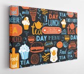 Canvas schilderij - Seamless background with drink and food symbols. Menu pattern. Vector Illustration with funny lettering and labels on white. Decorative elements for your packin