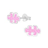 Joy|S - Zilveren puzzel oorbellen - glitter roze - puzzelstukje oorknoppen