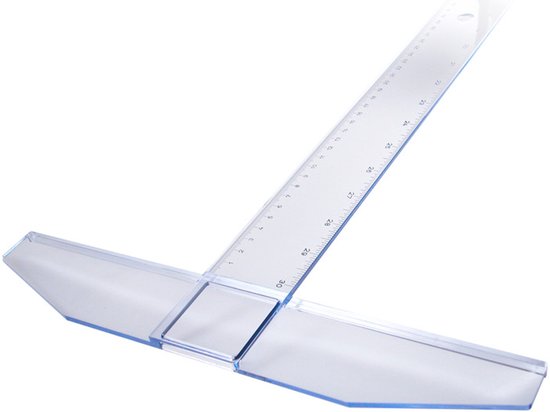 Doorzichtige T-heerser van plexiglas met millimeter- en centimeterschaal, 30 cm lang.