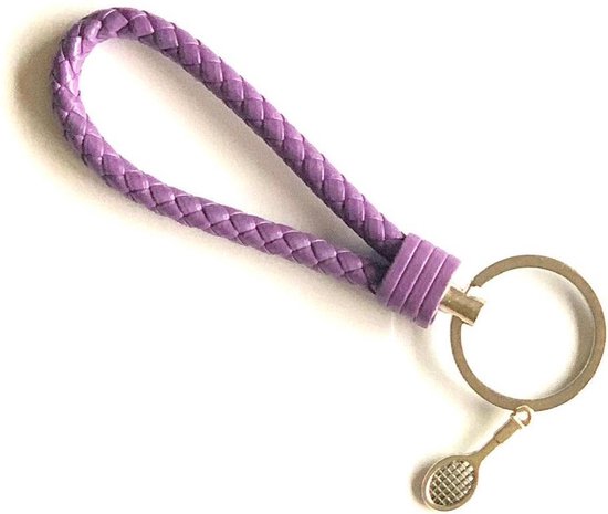 Foto: Sleutelhanger paars badminton racket dubbel single shuttle sport hanger leer sportpresent sportsieraad sieraden