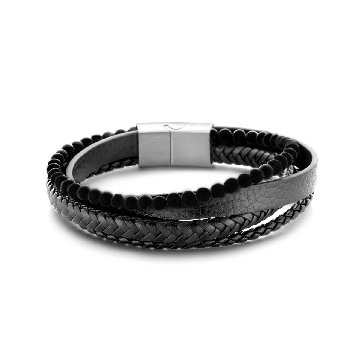 Frank 1967 7FB-0541 Leren Armband - 4 Strengen - Gevlochten leer - Zwart Agaat Kralen - 4 mm Doorsnee - Leder - 21 cm - Extra Schakel in Slot - Zwart - Zilverkleurig