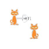 Joy|S - Zilveren kat poes oorbellen - 6 x 10 mm - oranje