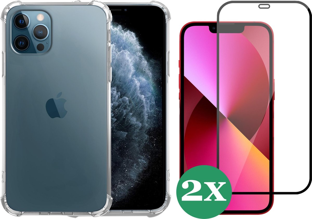 Hoesje geschikt voor iPhone 12 Pro siliconen transparant case - 2x Screen Protector Glas