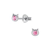 Joy|S - Zilveren petit kat poes oorbellen - 3.5 mm - kristal roze - kinderoorbellen