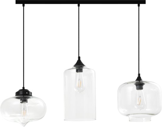 QUVIO Hanglamp retro - Hanglampen eetkamer - Lampen - Plafondlamp - Verlichting - Keukenverlichting - Lamp - E27 Fitting - Met 3 Lichtpunten - Voor binnen - Metaal - Glas - 80 x 26 cm (b x d) - Zwart