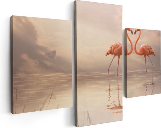 Artaza Canvas Schilderij Drieluik Twee Flamingo's in een Hartjes Vorm  - 90x60 - Foto Op Canvas - Canvas Print
