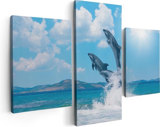 Artaza Canvas Schilderij Drieluik Dolfijnen Springen uit het Water - 90x60 - Foto Op Canvas - Canvas Print