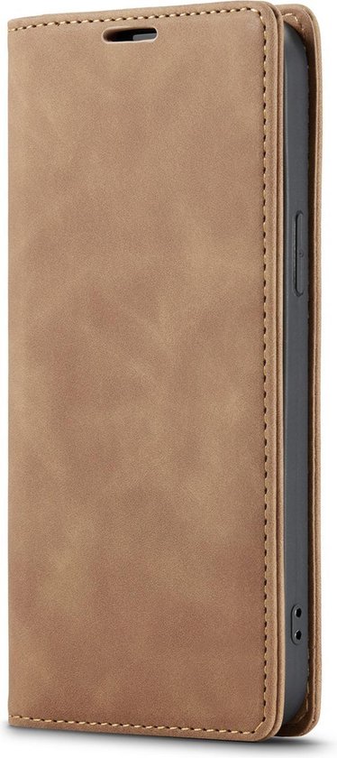 Étui portefeuille marron pour téléphone, fermé, montrant le côté du téléphone.