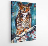 Canvas schilderij - Owl in the winter forest on a rowan branch. Oil painting  -  1490077202 - 80*60 Vertical
