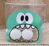 50 Uitdeelzakjes Monster Design Groen 10 x 10 cm met plakstrip - Cellofaan Plastic Traktatie Kado Zakjes - Snoepzakjes - Koekzakjes - Koekje - Cookie Bags Monster