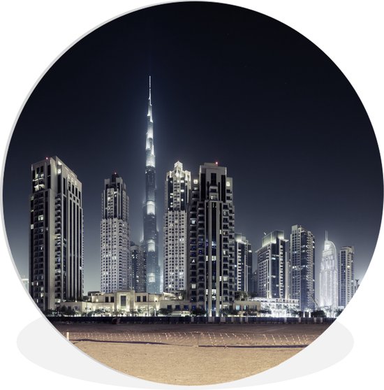 WallCircle - Wandcirkel ⌀ 30 - De Burj Khalifa verlicht met andere wolkenkrabbers de lucht boven Dubai - Ronde schilderijen woonkamer - Wandbord rond - Muurdecoratie cirkel - Kamer decoratie binnen - Wanddecoratie muurcirkel - Woonaccessoires