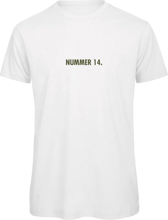 T-shirt Wit M - nummer 14 - olijfgroen - soBAD. | T-shirt unisex | T-shirt man | T-shirt dames | Voetbalheld | Voetbal | Legende