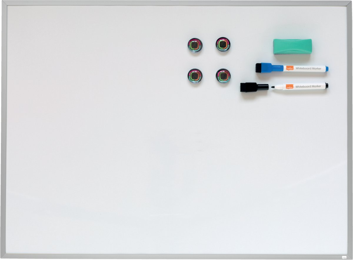 Nobo Droog Uitwisbaar Klein Magnetisch Whiteboard met Aluminium Lijst - 58,5 x 43cm - Inclusief Markers, Magneten en Wisser - Wit - Nobo