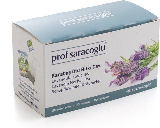 Prof Saracoglu Karabaş Otu Bitki Çayı, Lavandula stoèchas, Lavandin Herbal Tea, Schopflabendel Kräutertee verpakking met lavendel afbeelding.