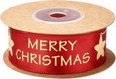 Kerst Lint 25mm (2,5cm) | Luxe Satijnlint | Kerstlint | Merry Christmas Sterren | Rood Goud | Cadeaulint | Decoratielint | Rol: 9 Meter