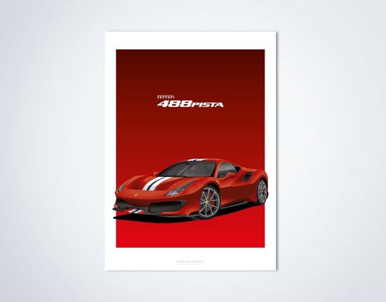Ferrari 488 Pista Rouge sur Affiche - 50 x 70cm - Affiche de Voiture Chambre de Bébé / Chambre / Bureau