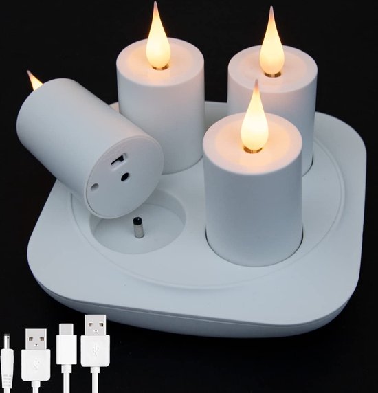 LED Kaarsen set van 4 met oplaadstation - Oplaadbare LED kaars met warm wit  licht 