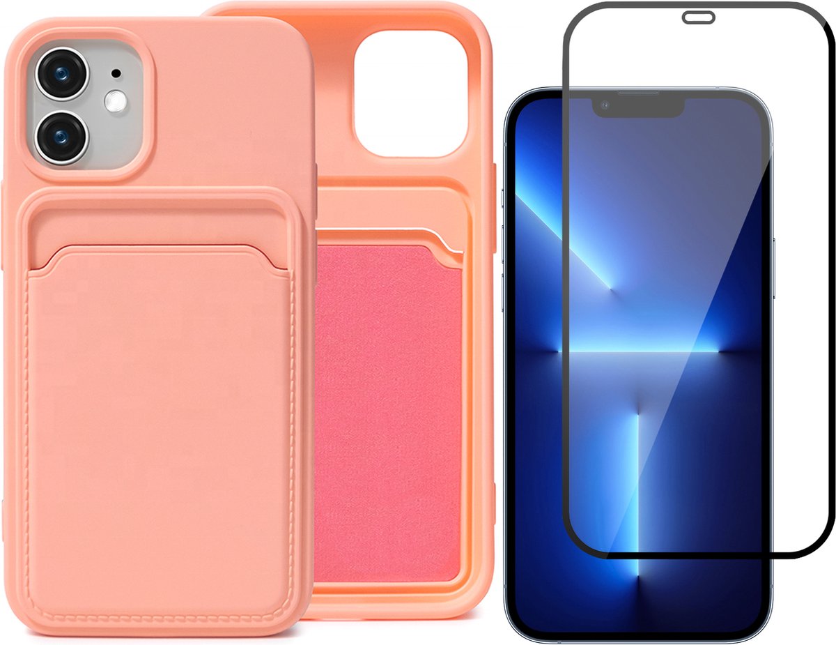 Roze Pasjeshouder Hoesje geschikt voor iPhone 12 / 12 Pro - Full Screenprotector Glas + Kaart TPU Hoesje Backcover