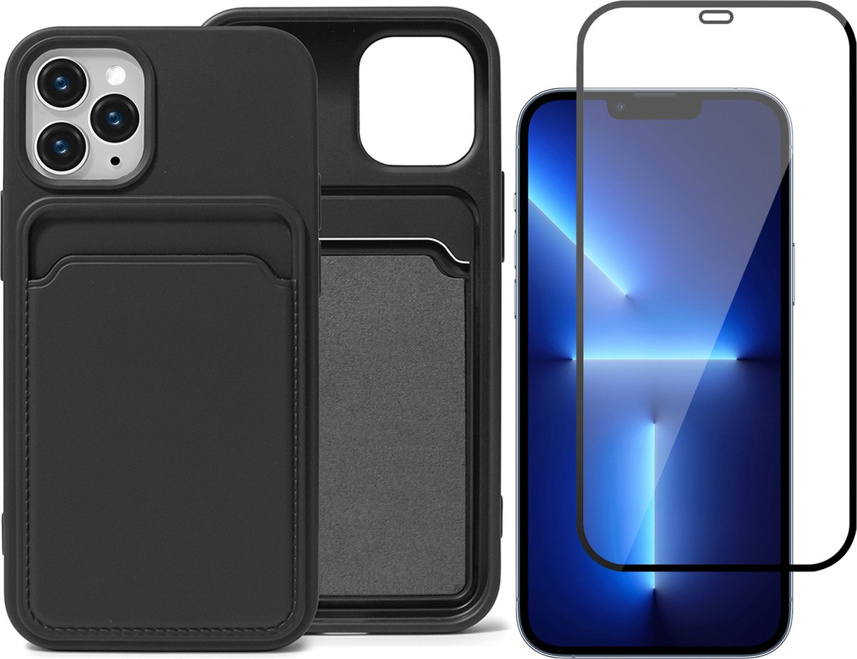 Zwart Pasjeshouder Hoesje geschikt voor Apple iPhone 12 Pro Max - Screenprotector Glas - Case met Pasjeshouder