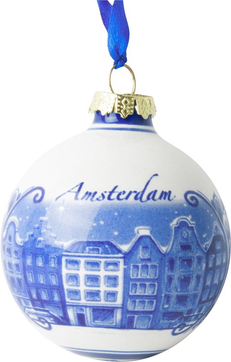 Heinen Delfts Blauw | Kerstbal Amsterdam | 2 stuks | Souvenir | Holland | Kerstversiering