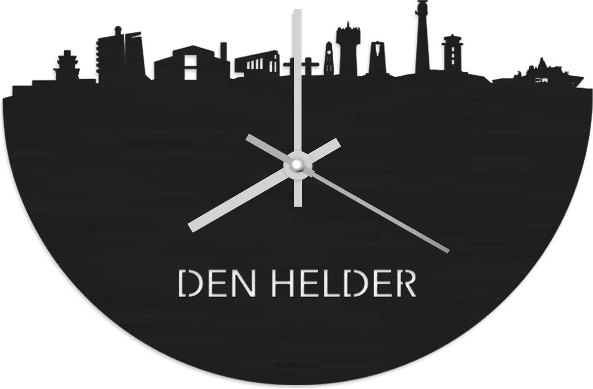 Skyline Klok Den Helder Zwart hout - Ø 40 cm - Stil uurwerk - Wanddecoratie - Meer steden beschikbaar - Woonkamer idee - Woondecoratie - City Art - Steden kunst - Cadeau voor hem - Cadeau voor haar - Jubileum - Trouwerij - Housewarming -
