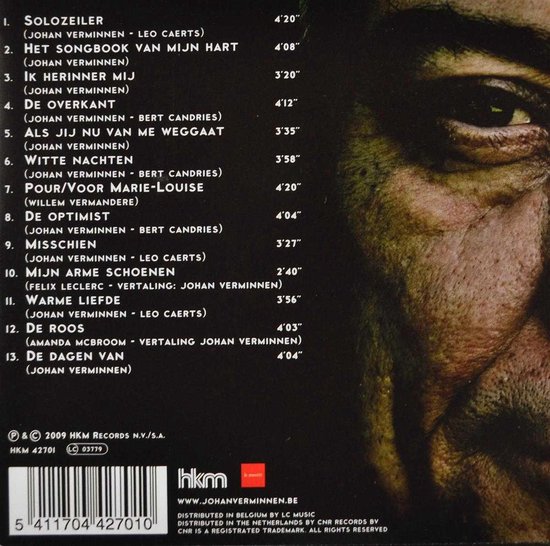 CD hoes met lijst van Johan Verminnen's "Solozeiler", met muzieknummers en barcode.