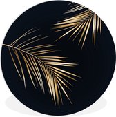 Wandcirkel - Muurcirkel Binnen - ⌀ 60 cm - Kunststof - Twee gouden bladeren op een zwarte achtergrond