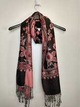 Lange dames sjaal omslagdoek Paula gebloemd zwart rood grijs roze