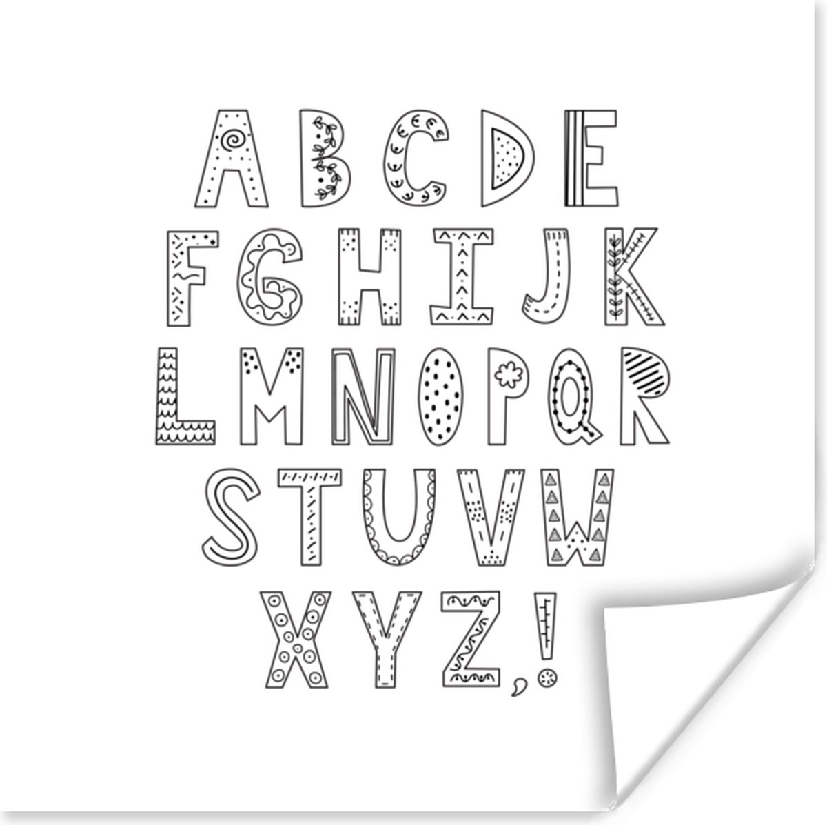 Illustration alphabet avec lettres d cor es noir et blanc 100x100 cm