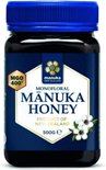 Donkerbruine pot Manuka Honing 500g met blauw deksel. Goud en wit label met tekst 'Monofloral Manuka Honey'.