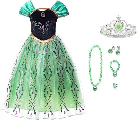 Prinsessenjurk meisje - Anna groene jurk - Het Betere Merk - Verkleedkleren Meisje - Het Betere Merk - Prinsessen speelgoed - maat 92/98 (100)- Tiara - Kroon - Juwelen - Verjaardag meisje - Carnavalskleren meisje