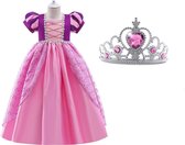 Rapunzel Jurk - 104/110 - Paarse / Roze Prinsessenjurk - Verkleedkleding Meisje - Tiara - Carnavalskleding Kind