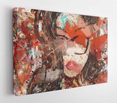 Het gezicht van het meisje met een bril. Digitale foto. Hedendaagse kunst. Expressionisme. Grunge. Mooi vrouwenportret. Abstracte mode illustratie. Foto voor interieur, kamer interieur. – Modern Art Canvas – Horizontaal – 629731337