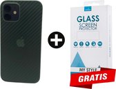 Backcase Carbon Hoesje iPhone 12 Mini Groen - Gratis Screen Protector - Telefoonhoesje - Smartphonehoesje