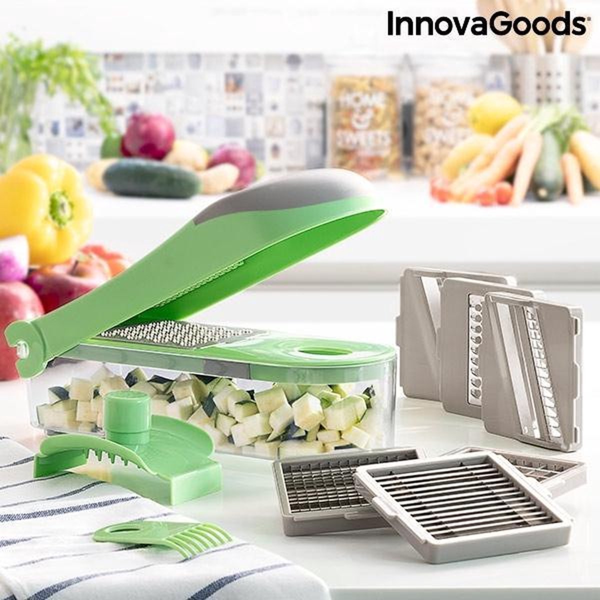 InnovaGoods - 7-in-1 groentesnijder, rasp en mandoline met recepten en accessoires - Keuken Accessoires - Anti-slip Voet