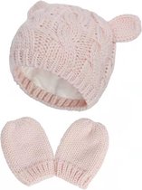 Set bébé bonnet et moufles rose | 9-18 mois | forme d'ours - oreilles d'ours - chapeau enfant - mitaines