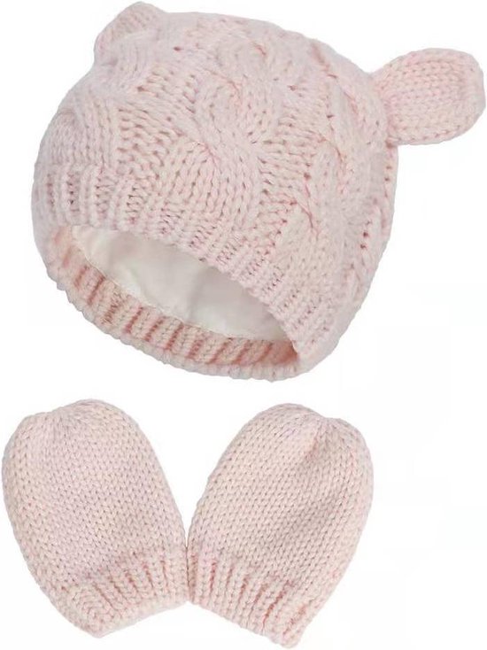 Set baby gebreide muts en wanten roze | 6-18 maanden | beervorm - beren oortjes - kindermuts - wantjes