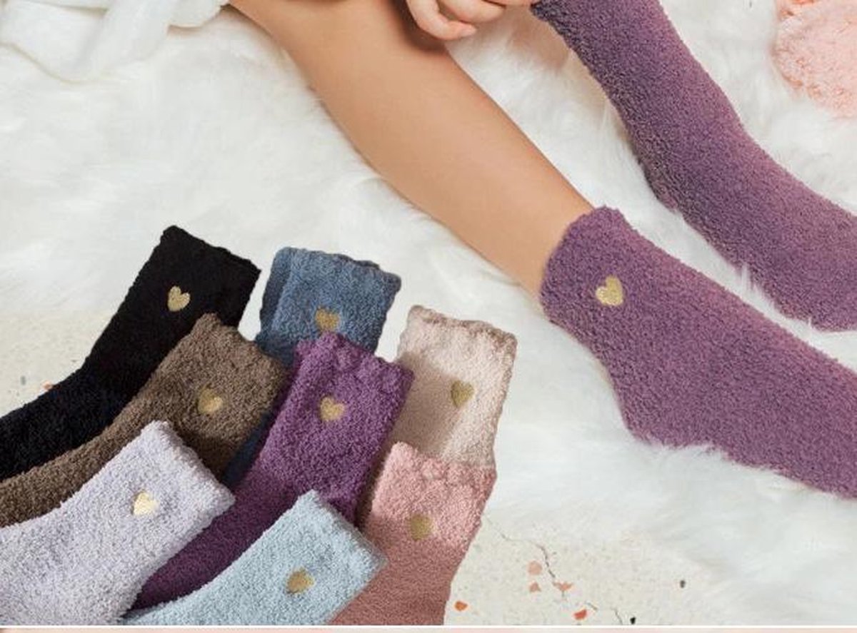 Fluffy sokken Dames - 3 paar - roze - paars - grijs - bruin - print hart - huissokken - bedsokken - drukvrije boord - 36 - 40 - geschenk vrouwen - gift - cadeau voor haar - giftbox - Kerst cadeau - verjaardagscadeau