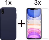 iParadise iPhone XR hoesje donker blauw siliconen case cover - 3x iPhone XR Screenprotector glas