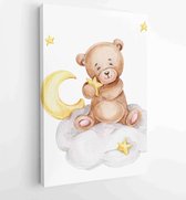 Leuke teddybeerzitting op de wolk met sterren; aquarel hand getekende illustratie; kan gebruikt worden voor babyshower of postkaart - Moderne schilderijen - Verticaal - 1892849920