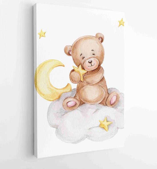 Leuke teddybeerzitting op de wolk met sterren; aquarel hand getekende illustratie; kan gebruikt worden voor babyshower of postkaart - Moderne schilderijen - Verticaal - 1892849920 - 80*60 Vertical