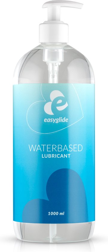 Bouteille transparente avec distributeur à pompe blanc. Dégradé bleu clair avec logo et texte 'easyglide WATERBASED LUBRICANT 1000 ml'.