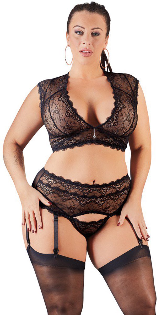 Goedkoopste Cottelli Plus Size – Jarretel Lingerie Set met Strass Element en Prachtige Kanten Borduursels – Maat XL – Zwart