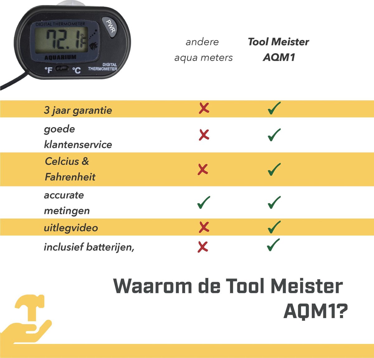 Tool Meister AQM1- Aquarium Thermometer met Sonde - Binnen & Buiten - Koken/Zwembad/Koelkast- 1 meter - Zwart - Incl batterijen — afbeelding 3
