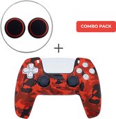 Siliconen Beschermhoes + Thumb Grips voor Sony PS5 DualSense Draadloze Controller - Softcover Hoes / Case / Skin voor PlayStation 5 - Camouflage Rood