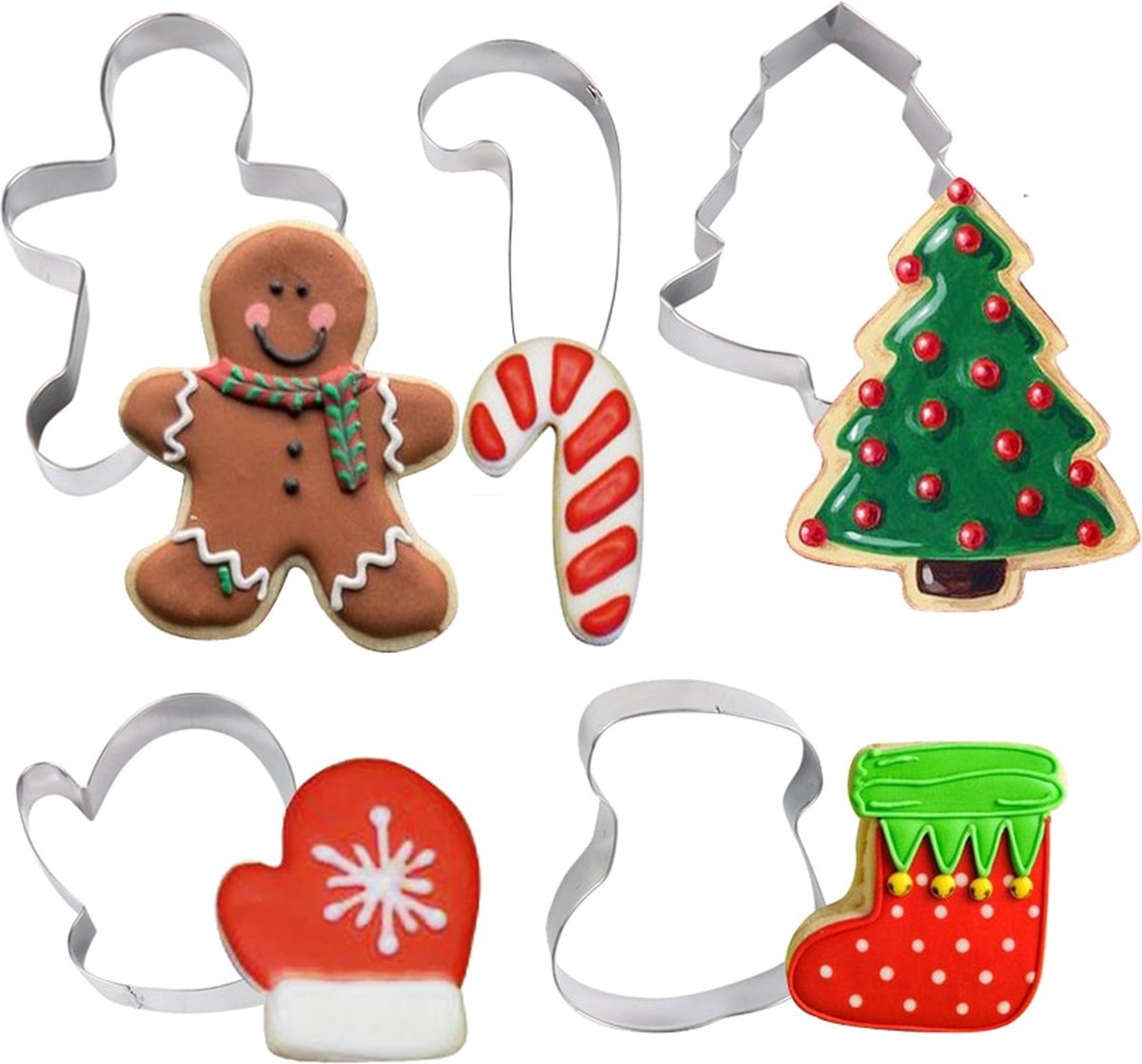 Winkrs | 5x Uitsteekvormen Kerstboom, Koekemannetje, Zuurstok, Kerstsok en Want | RVS Bakvorm, kerst, bakken, koekjes, feestdagen