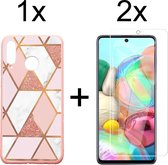 Samsung A32 5G Hoesje - Samsung Galaxy A32 5G Hoesje Marmer Roze Driehoek Print Siliconen Case - 2x Samsung A32 5G Screenprotector